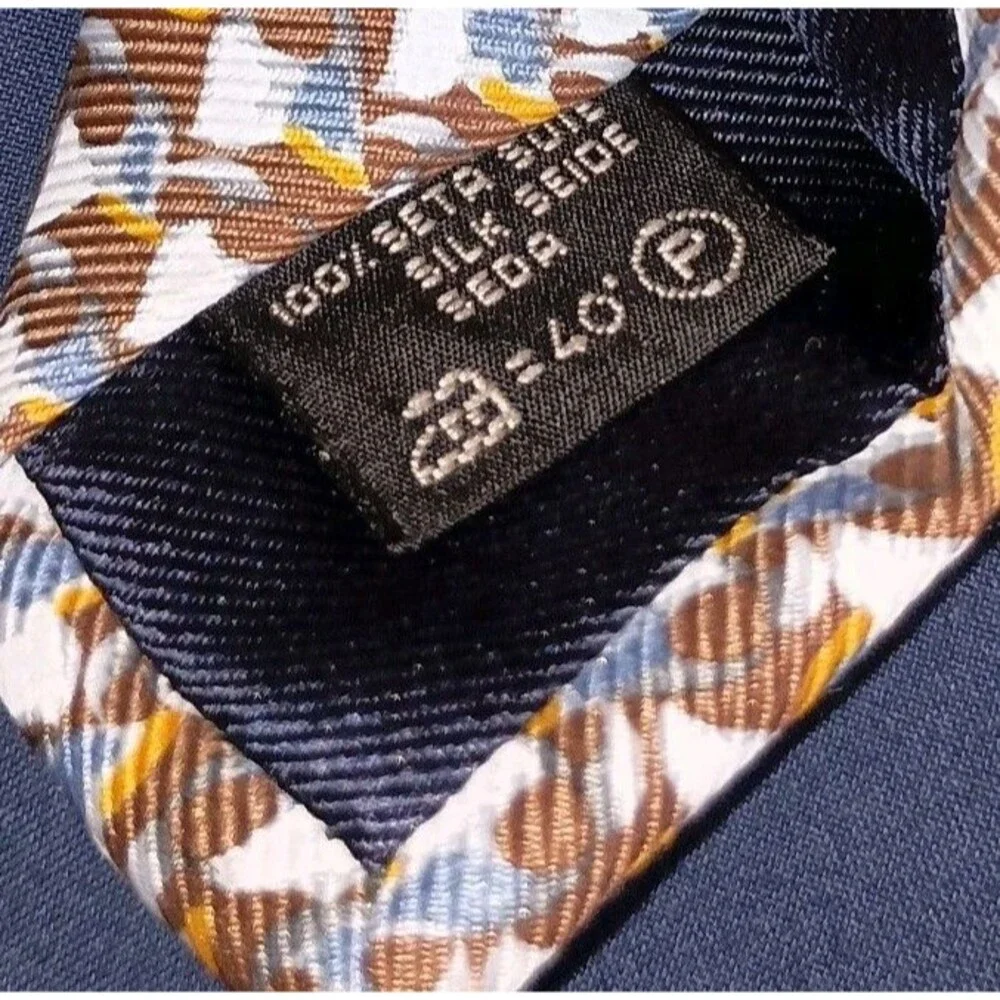 Ermenegildo Zegna Necktie 100% Silk Blue Brown Flower Print Tie Made In Italy